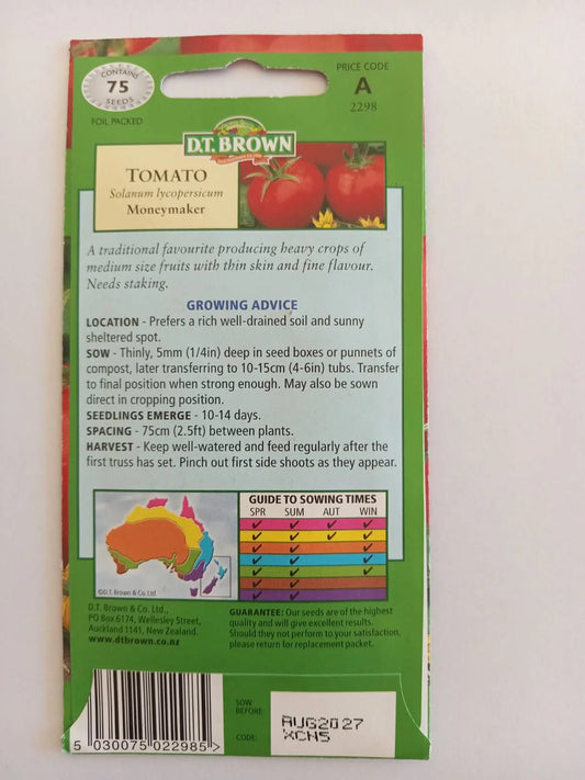 Tomato seed packet with growing advice and color code chart on a white background