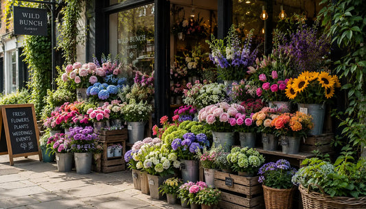 Florist shop buckets of flowers outside