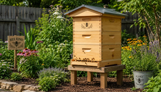 Gardeners beehive surrounded by herbs and flowers.