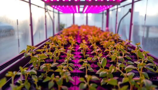 Seedlings in trays grown under grow lights.