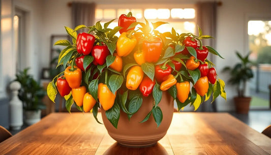 capsicums / bell peppers growing indoors in a pot