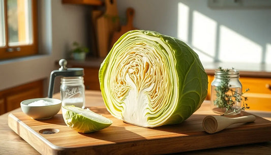 Cabbage on cutting board in kitchen