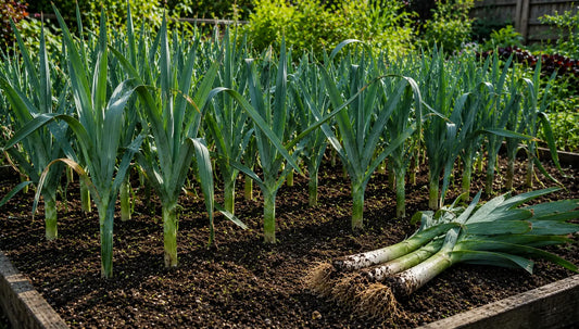 Leeks growing in vegetable garden.