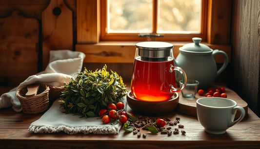 Rose hips and tea on kitchen bench