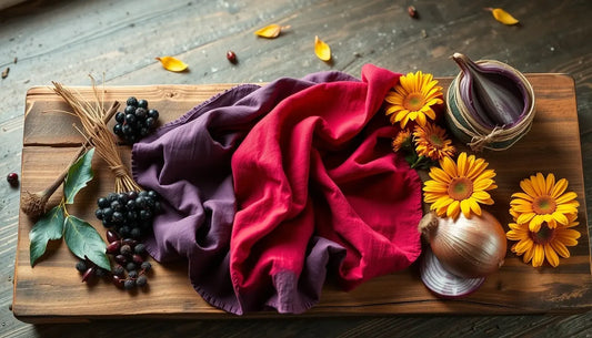 Cloth dyed purple and red with flowers and berries next to it