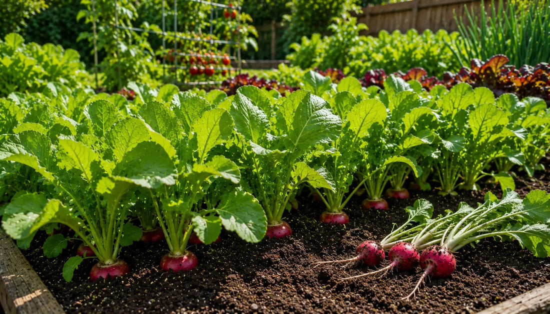 Radishes growing in vegetable garden