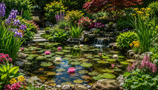 Pond with water lillies and other flowering plants.