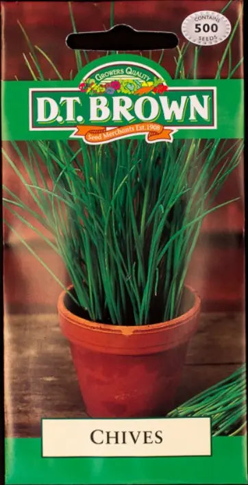 D.T. Brown chives seed packet with a potted plant illustration on a wooden surface