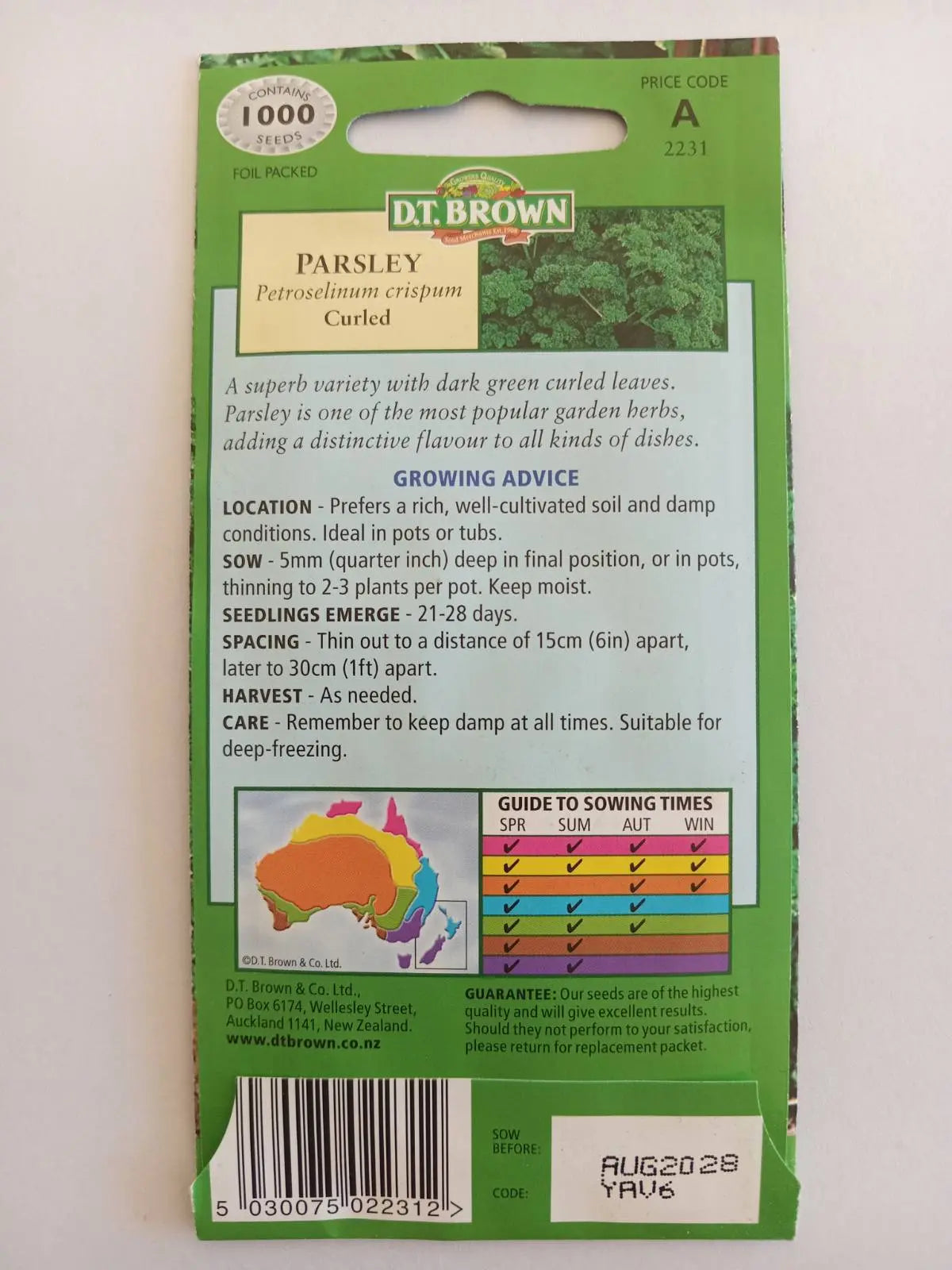 Dr. Brown's parsley seed packet on a white background