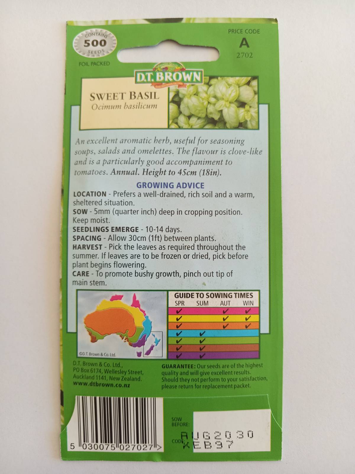 Sweet basil seed packet with growing advice and color chart on a white background
