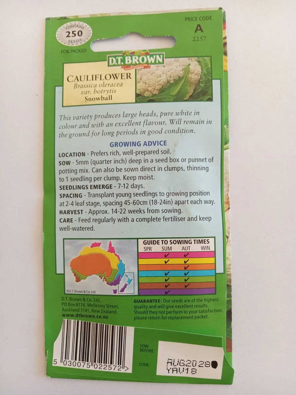 Seed packet for cauliflower with D. T. Brown branding on a white background