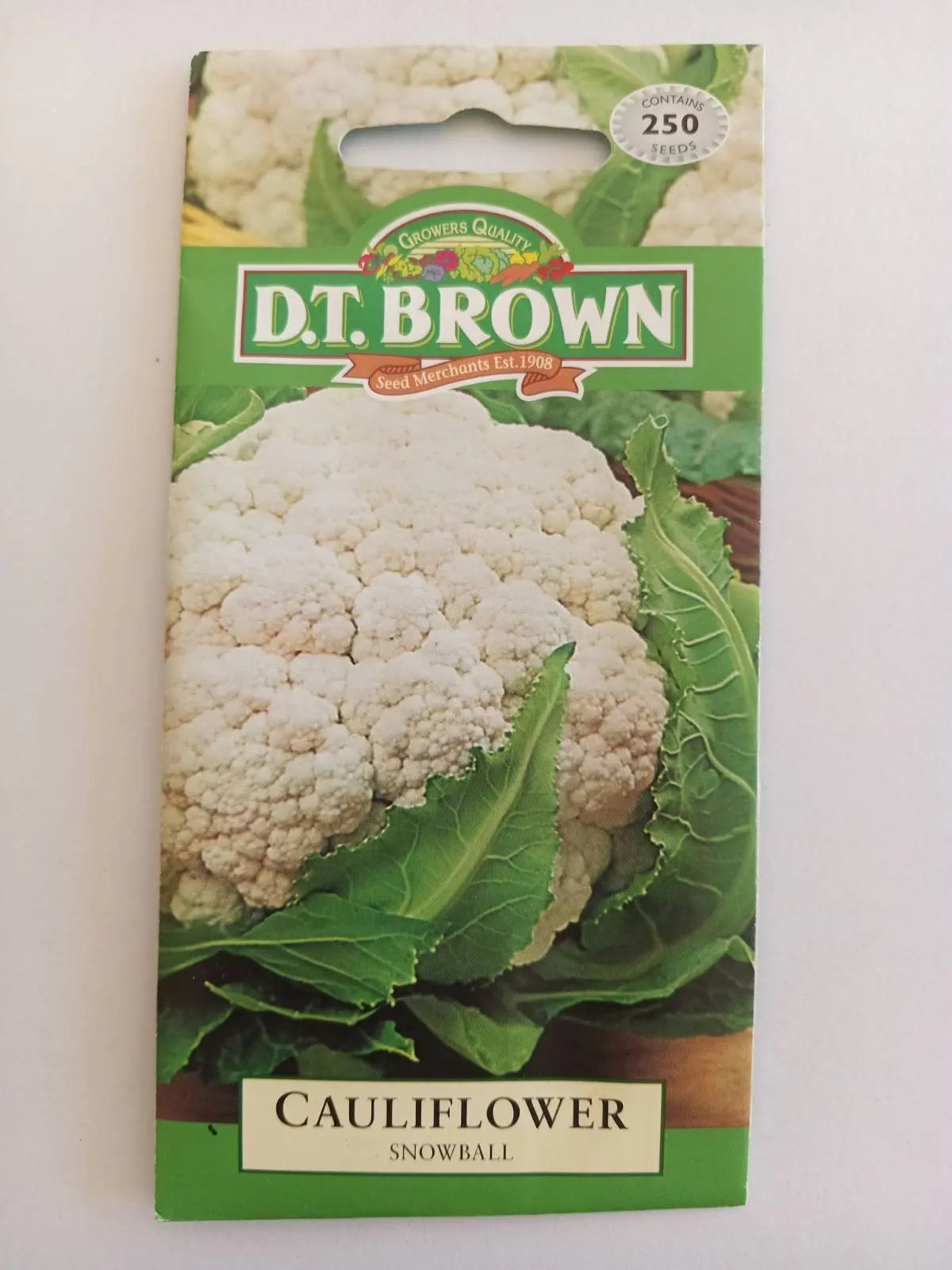 D.T. Brown cauliflower seed packet on a white background