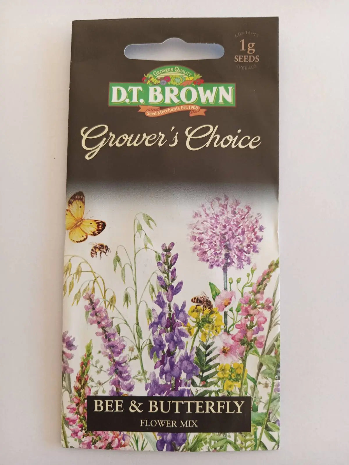 D.T. Brown Grower's Choice bee and butterfly flower mix seeds packaging on a white background