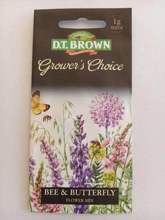 D.T. Brown Grower's Choice bee and butterfly flower mix seeds packaging on a white background