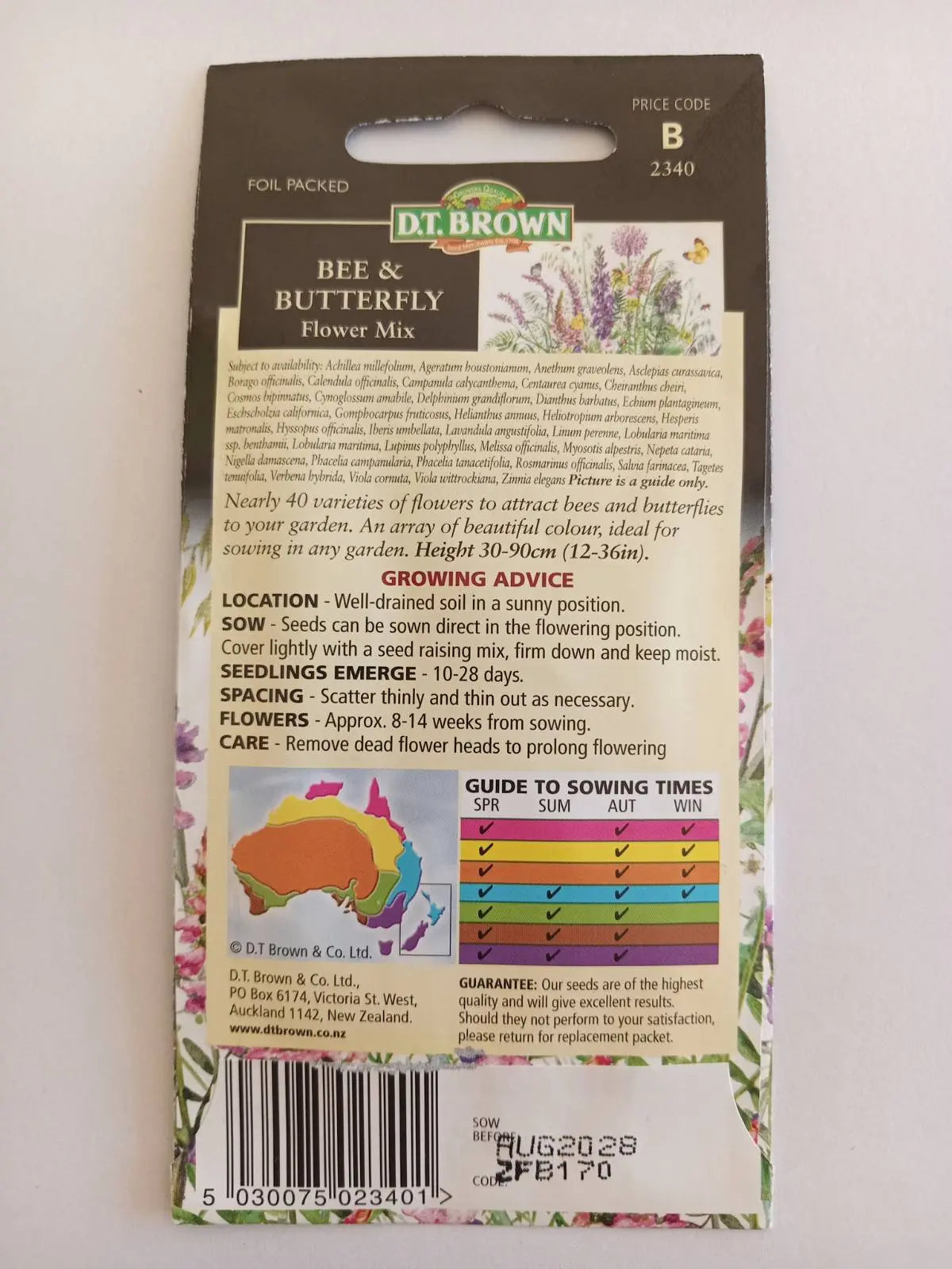 Back of a D.T. Brown bee and butterfly flower mix seed packet on a white background