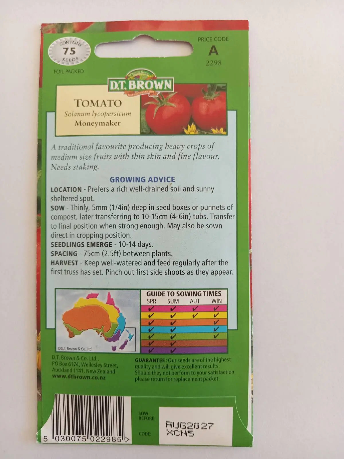 Tomato seed packet with growing advice and color code chart on a white background
