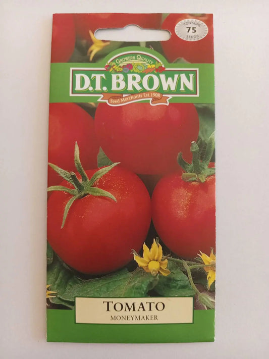 D.T. Brown Tomato Moneymaker seed packet with red tomatoes and green leaves on a white background