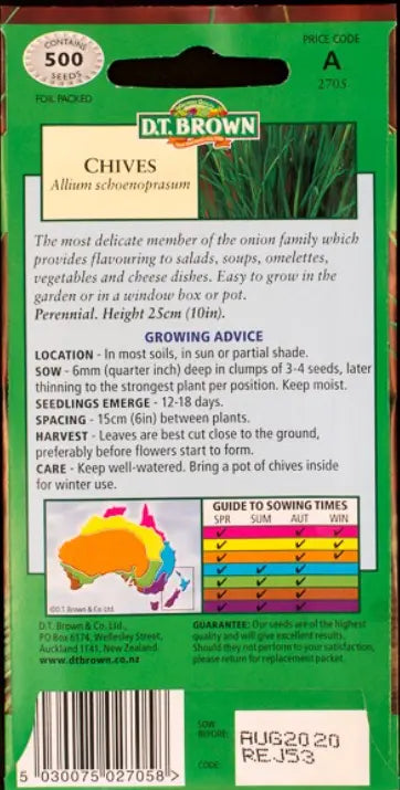 D.T. Brown chives seed packet with growing advice and color chart on a green background