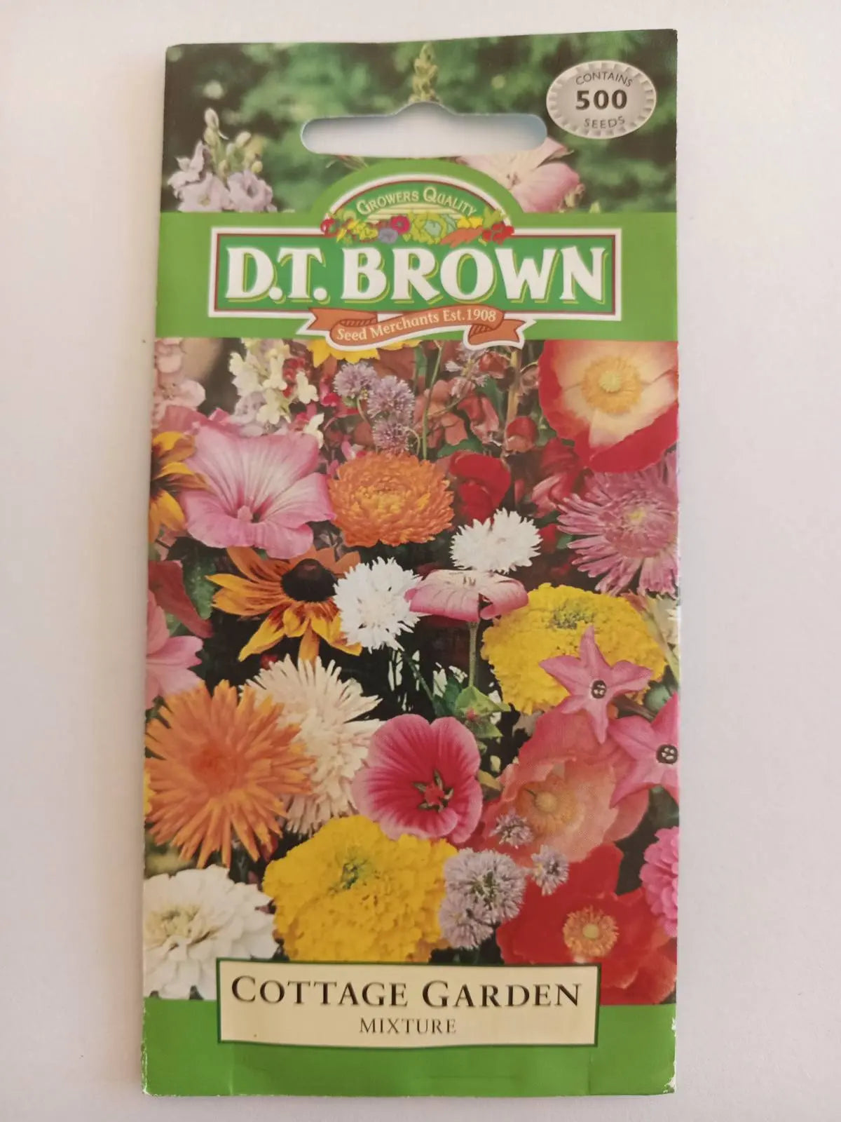 D.T. Brown cottage garden seeds packet with colorful flowers on a white background